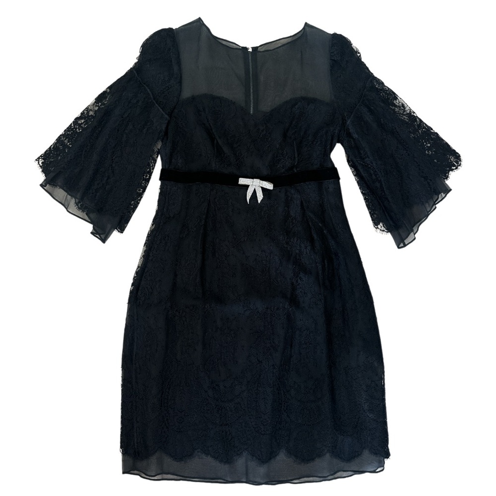 Dolce&Gabbana Black Midi Floral lace dress with velvet belt/crystal bow Size 42
